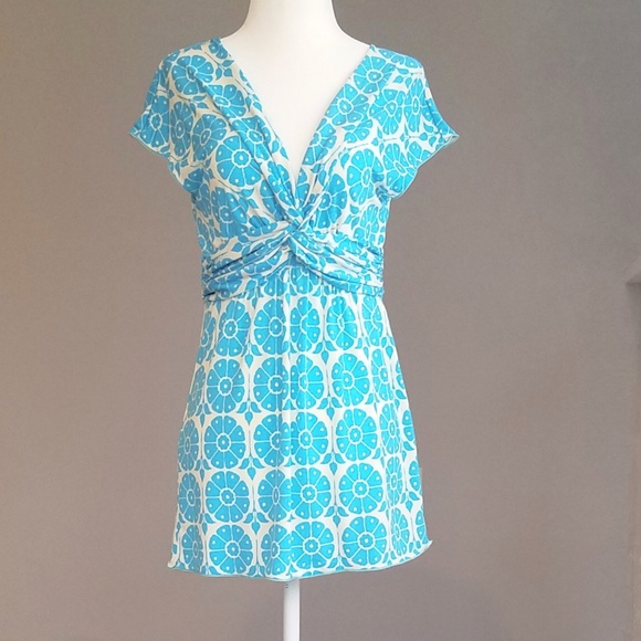 Max Edition Blue & Cream Print Cap Sleeve Top - Picture 2 of 4